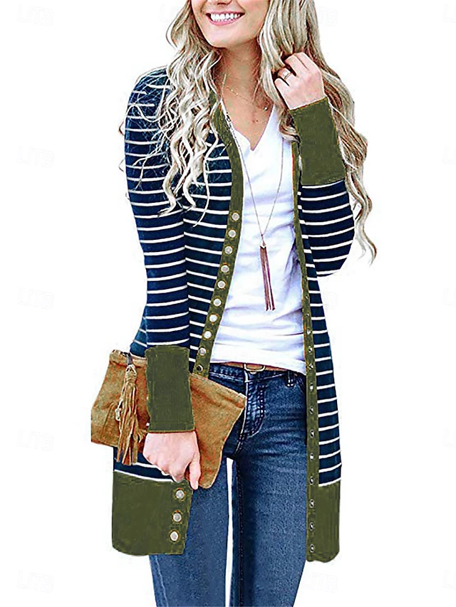 Women's Casual Jacket Outdoor Street Daily Wear Fall Winter Long Coat Regular Fit Thermal Warm Breathable Stylish Casual Jacket Long Sleeve Striped Print Dark Grey Army Green Blue 10
