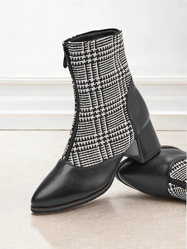 Women's Black and White Plaid Ankle Boots with Block Heels - Retro Houndstooth Pattern, Side Zipper Closure, Perfect for Fall and Winter Casual Outfits 9