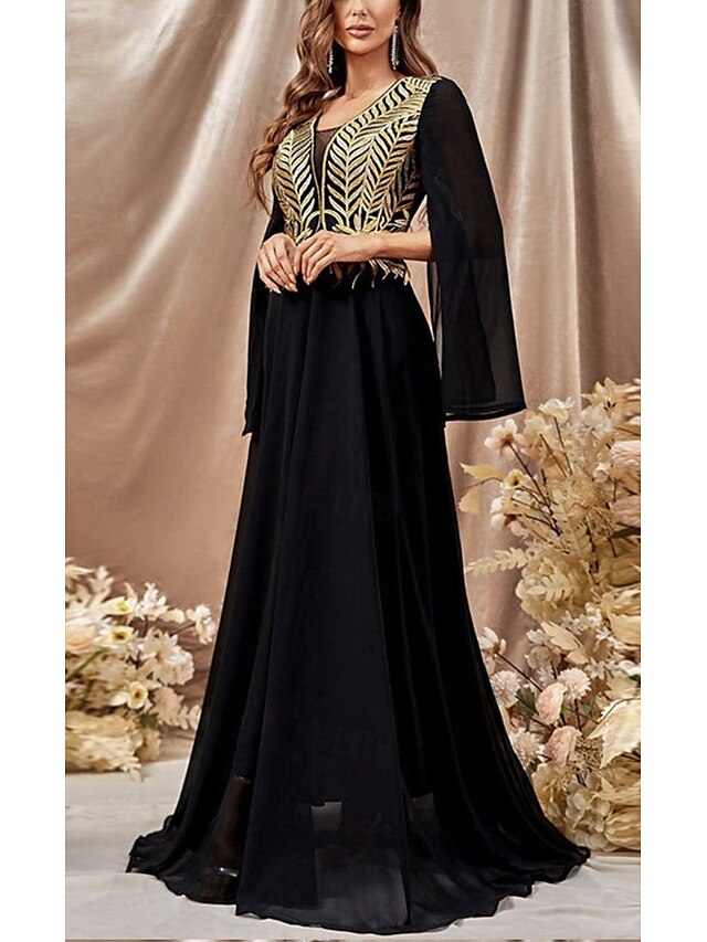  A-Line Evening Gown Elegant Dress Wedding Christmas Sweep / Brush Train Long Sleeve V Neck Chiffon with Glitter 2024