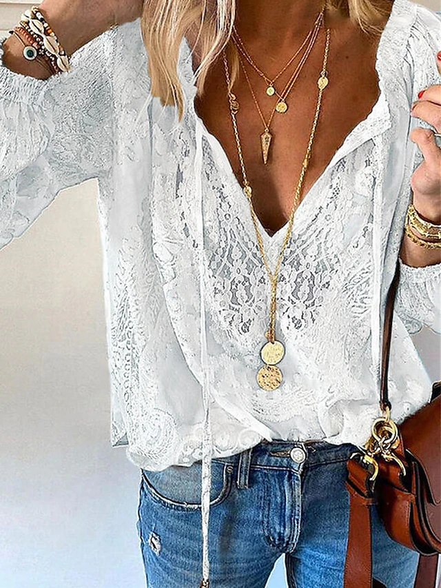 Women's Shirt Boho Shirt Blouse Solid Color Basic Casual Long Sleeve V Neck Regular Tops Daily Lace Patchwork White Pink Khaki Fall Winter4
