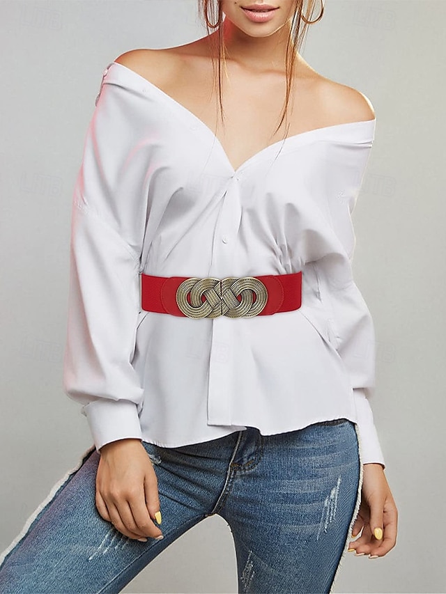  cintura elastica larga da donna con fibbia in metallo vintage – cintura elastica alla moda per abiti, tuniche e camicette – disponibile in nero, rosso e marrone
