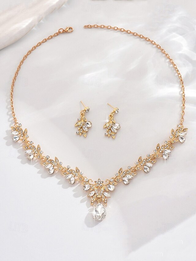 set elegant de colier și cercei de cristal pentru femei – design strălucitor în lacrimi și frunze pentru nunți și evenimente formale