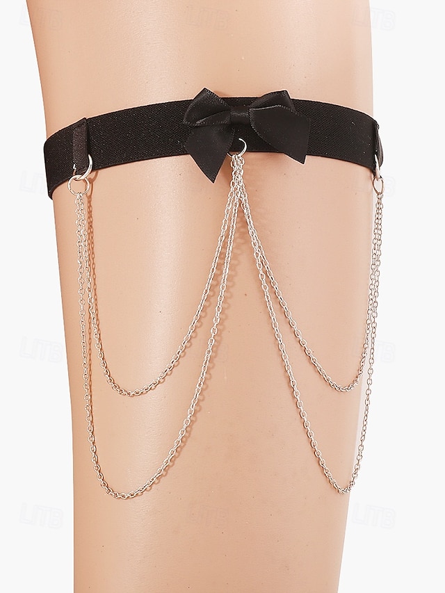  Schwarzes Oberschenkel-Kettengeschirr mit Schleife für Damen – sexy elastischer Strumpfgürtel mit silbernen Kettenakzenten, ideal für Dessous und Festival-Outfits