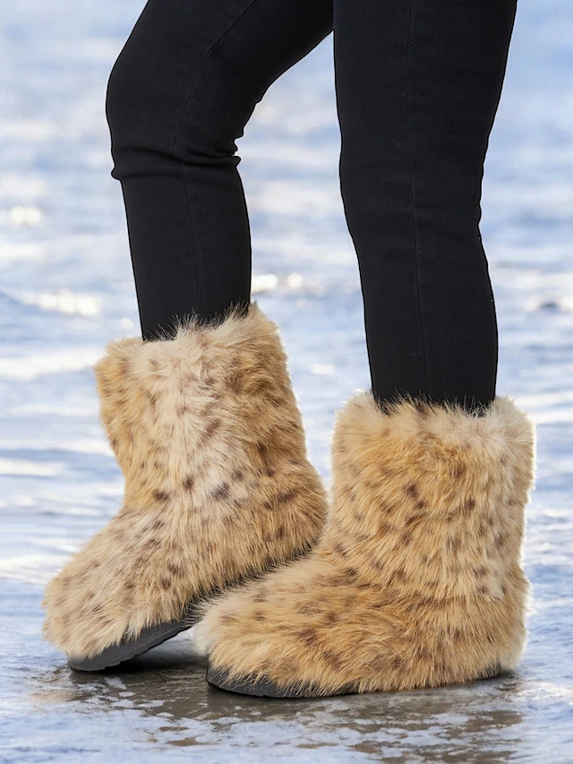 Women's Faux Fur Leopard Print Snow Boots – Warm and Stylish Winter Outdoor Booties for Cold Weather 10