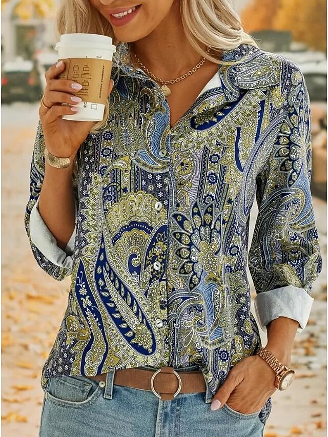 Women's Shirt Button Down Tunic Shirt Collar Long Sleeve Graphic Casual Regular Tops Work Daily s Print Green Spring Fall Winter4