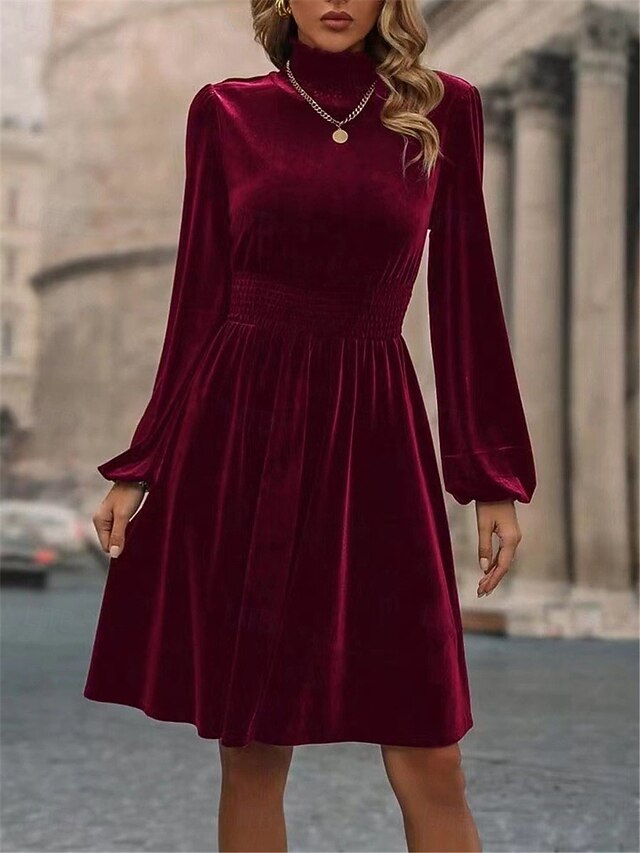 Women's Mini Dress Velvet Dress Cocktail Dress A Line Dress Plain Dress Casual Party Street Evening Party Regular Fit Plain Long Sleeve Turtleneck Black Wine Green Fall Winter 11