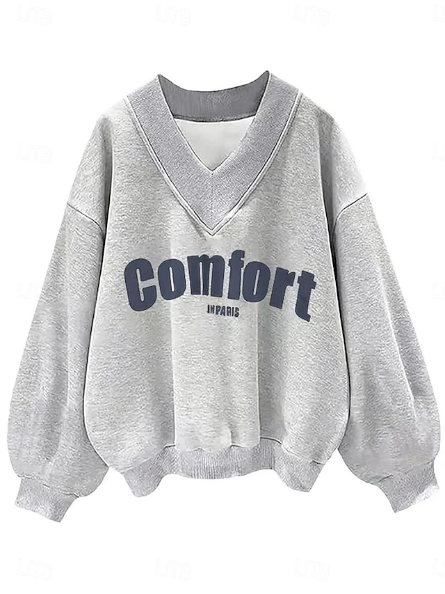 Women's Sweatshirt Casual Letter Street Dailywear V Neck Print Long Sleeve Black Purple Gray Fall Winter4