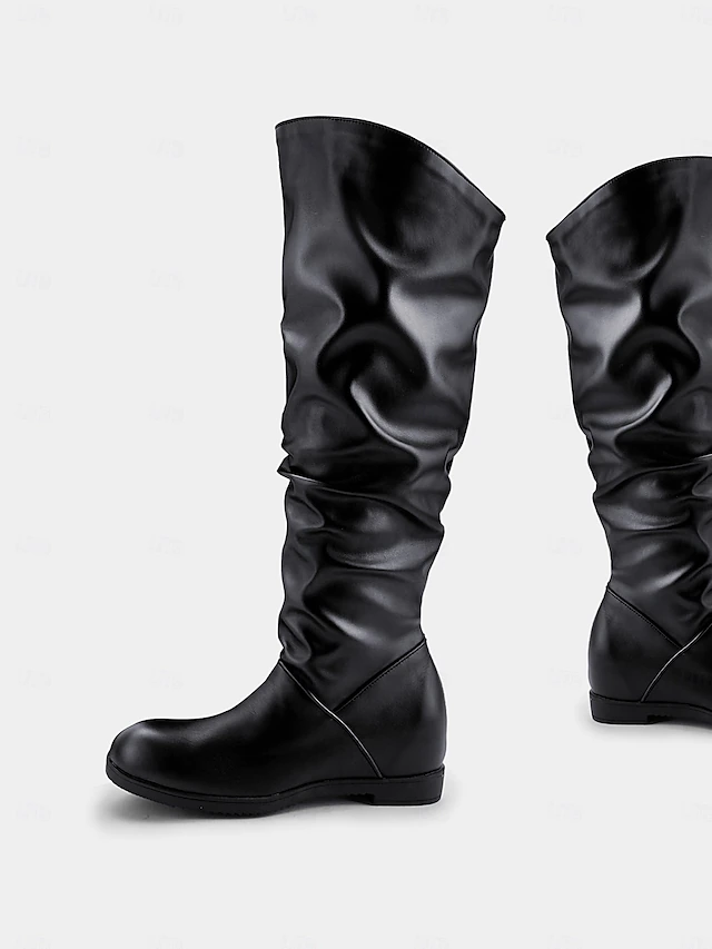 Women's Black Faux Leather Slouchy Knee-High Boots – Stylish and Comfortable Flat Boots for Everyday Wear and Casual Outings 12