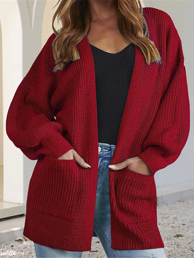 Women's Sweater Cardigan Casual Soft Pure Color Ribbed Open Front Pocket Knitted Long Sleeve Regular Tops Knit Outdoor Daily Weekend Pink Red Fall Winter 7