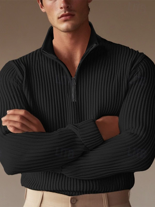 Men's Polo Shirts Rib Knit Top Formal Work Ribbed Polo Collar Long