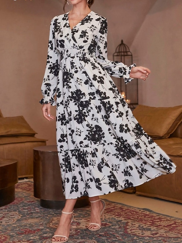  Women's Polyester Floral V Neck Maxi Dress Long Sleeve Summer Spring