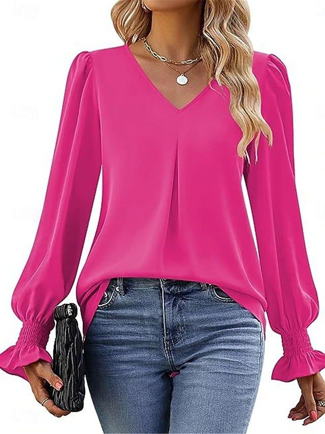 Women's Shirt Blouse Solid Color Basic Casual Long Sleeve V Neck Regular Tops Daily Red Fuchsia Khaki Fall Winter 13