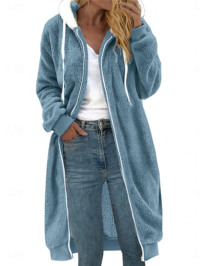 Women's Winter Coat Teddy Coat Outdoor Street Daily Wear Fall Winter Long Coat Regular Fit Thermal Warm Breathable Stylish Casual Jacket Long Sleeve Plain with Pockets Full Zip White Pink Blue 7