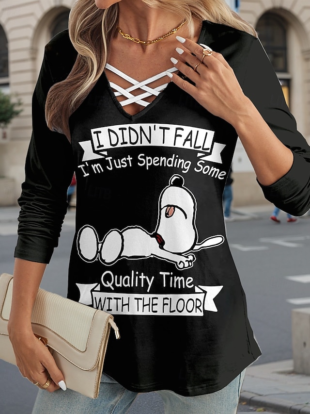  Women's T Shirt Dog Letter Casual Long Sleeve V Neck Regular Tops Daily Cut Out Print Black and White Fall Winter