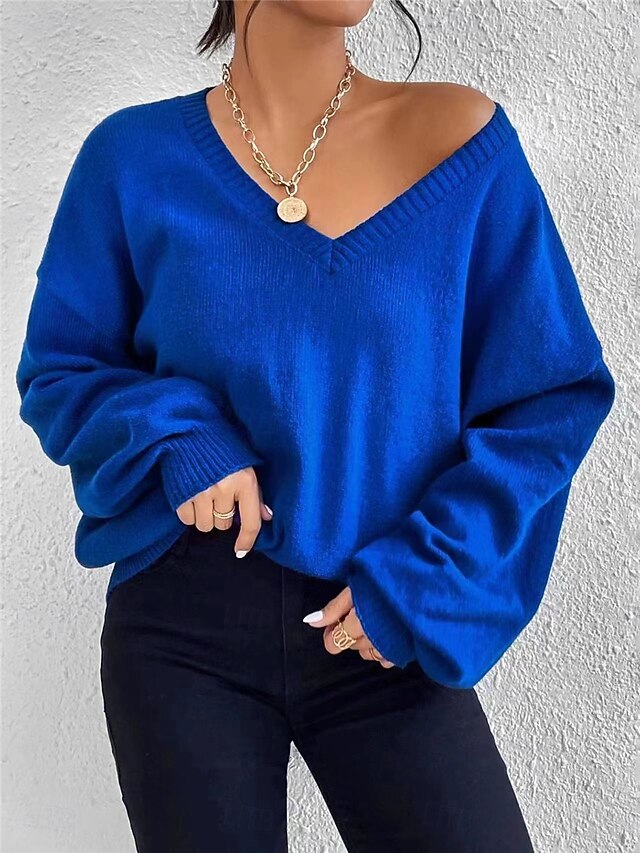 Women's Shirt Blouse Solid Color Basic Casual Long Sleeve V Neck Regular Tops Daily Blue Fall Winter4