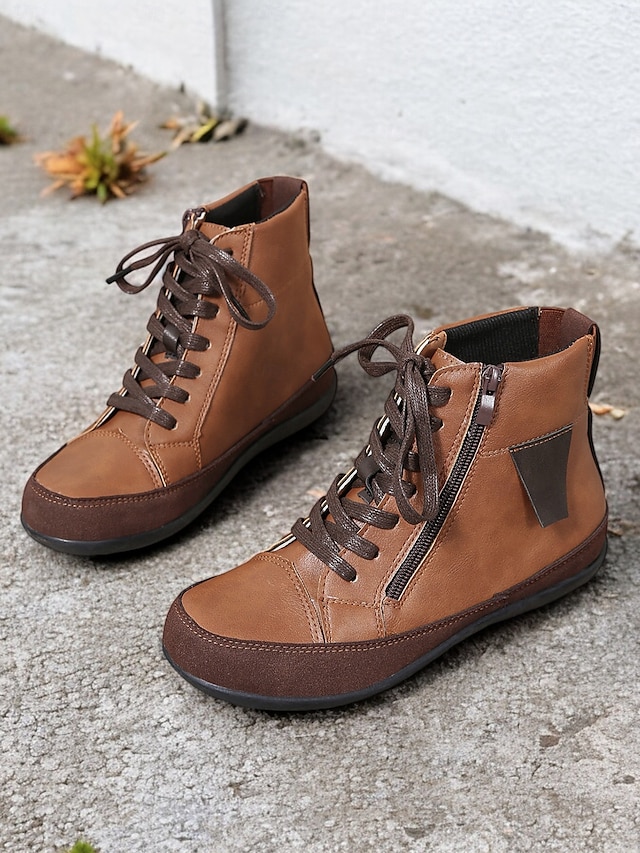 Women's Brown Lace-Up Ankle Boots with Side Zipper - Casual Faux Leather Design, Comfortable Sole, Perfect for Fall and Winter Everyday Wear 14