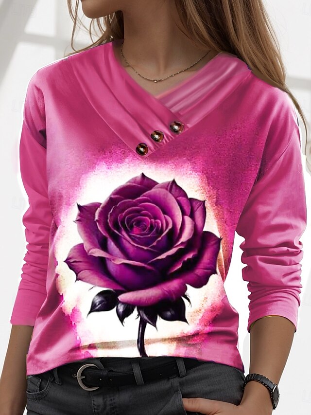  Valentine Dame Rose T Skjorte Vanlige Topper Lang Erme V-hals Knapper Trykk Vanlig Passform Daglig Stilig Uformell Rosa Lilla Høst Vinter