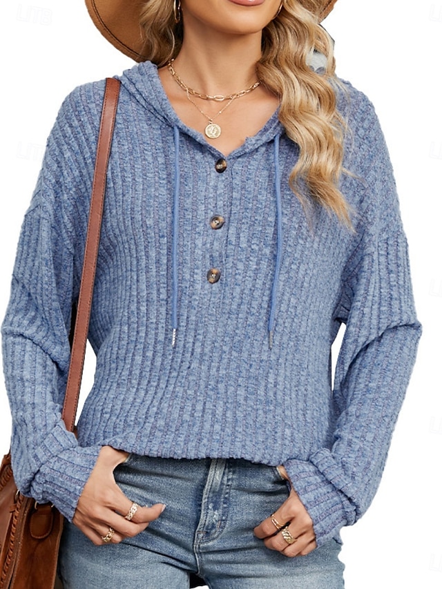  Mulheres Moletom com textura Pulôver Moletom Com Capuz Tecido Casual Manga Longa Com Capuz Tops regulares Rua Dia a Dia Botões Azul Fúcsia Cinzento Primavera Outono