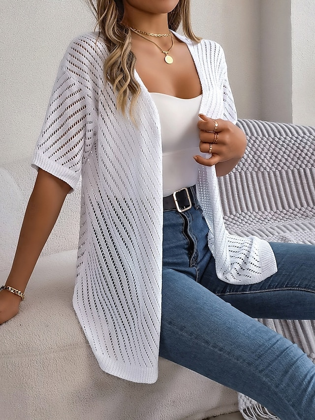  Femme Pull Chandail Gilet Cardigan Décontractées Flexible Couleur monochrome A côtes Ouvrir le devant Tricoté Manches courtes Hauts réguliers Tricoter Extérieur du quotidien Fin de semaine Blanche
