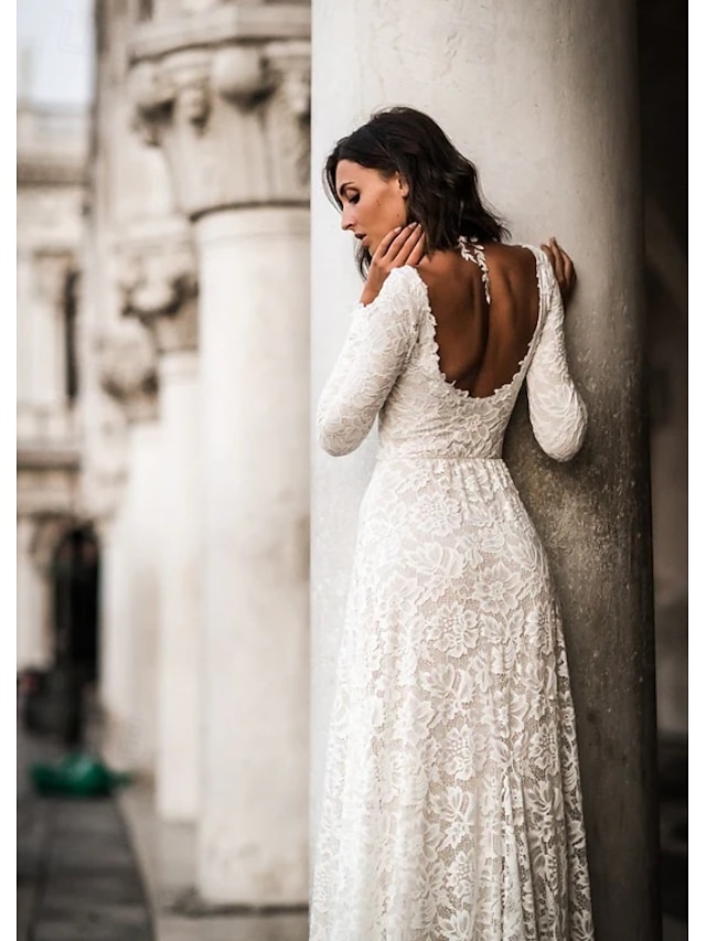  Wedding Dresses A-Line Boat Neck Long Sleeve Court Train Lace Bridal Gowns With Ruched Solid Color 2024