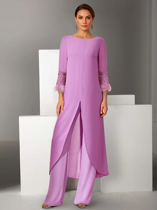 Sheath / Column 3 Piece Pantsuit Beach Wedding Mother of the Bride Dress Elegant Vintage Jewel Neck Floor Length Chiffon 3/4 Length Sleeve with Feather Beading 6