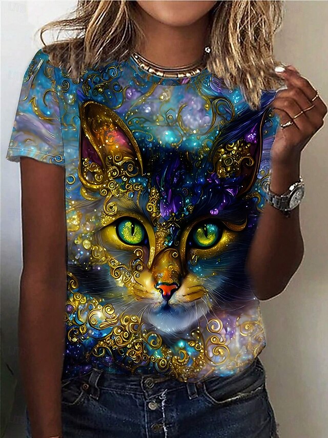 Women's T Shirt Cat Casual Short Sleeve Round Neck Regular Tops Daily Print Blue Summer Spring4
