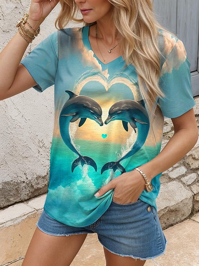 Women's T Shirt Animal Stylish Casual Short Sleeve V Neck Regular Tops Daily Print Blue Summer4
