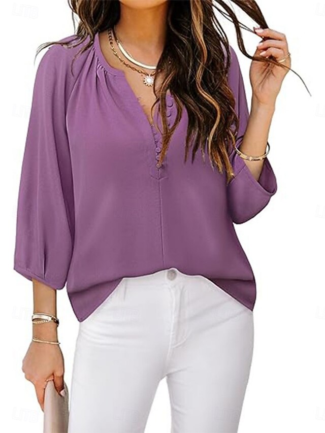 Women's Shirt Blouse Solid Color Business Modern Casual 3/4 Length Sleeve V Neck Regular Tops Work Formal Wear Buttons Purple Beige Summer Spring4