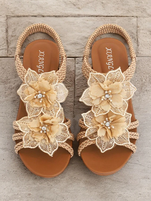 Women's Brown Bohemian-Style Woven Wedge Sandals with Floral Embellishments - Comfortable Summer Sandals for Beach and Casual Outings 14