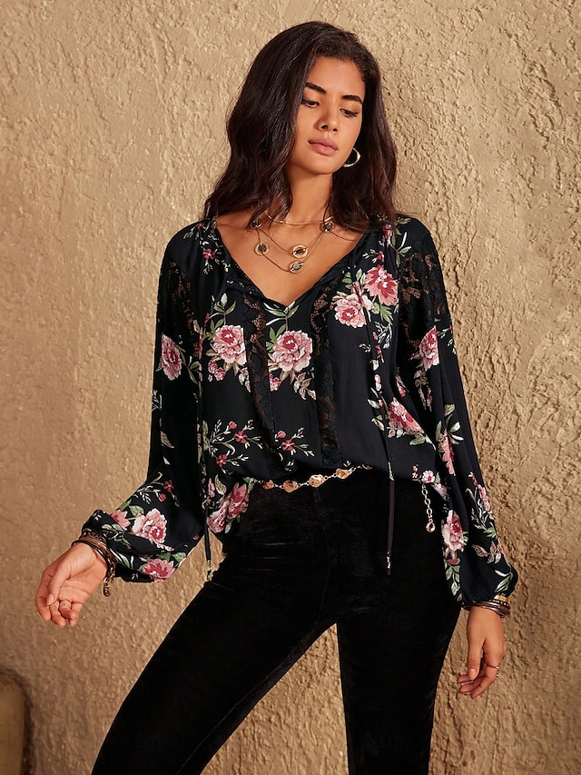  Bluse Eleganti in Pizzo per Donna con Occhielli Blusa per San Valentino Top Regolari a Maniche Lunghe Maniche a Lanterna Collo a V Patchwork Fit aderente per il lavoro Top Petits Romantici da