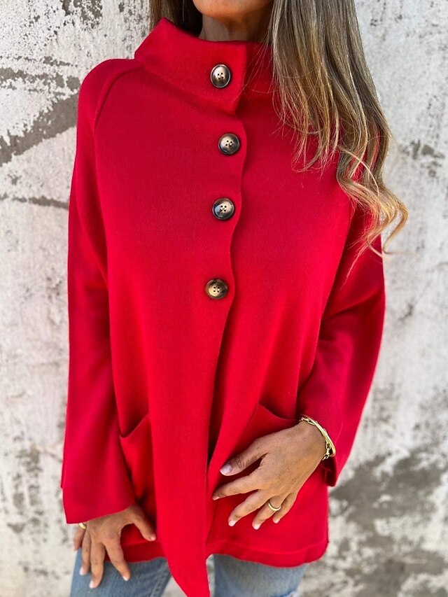 Women's Winter Jacket Warm Breathable Buttons Pocket Casual Plain Vacation Street Daily Wear Going out Single Breasted Regular Stand Collar Regular Fit Long Sleeve Outerwear Black Red Khaki Fall4