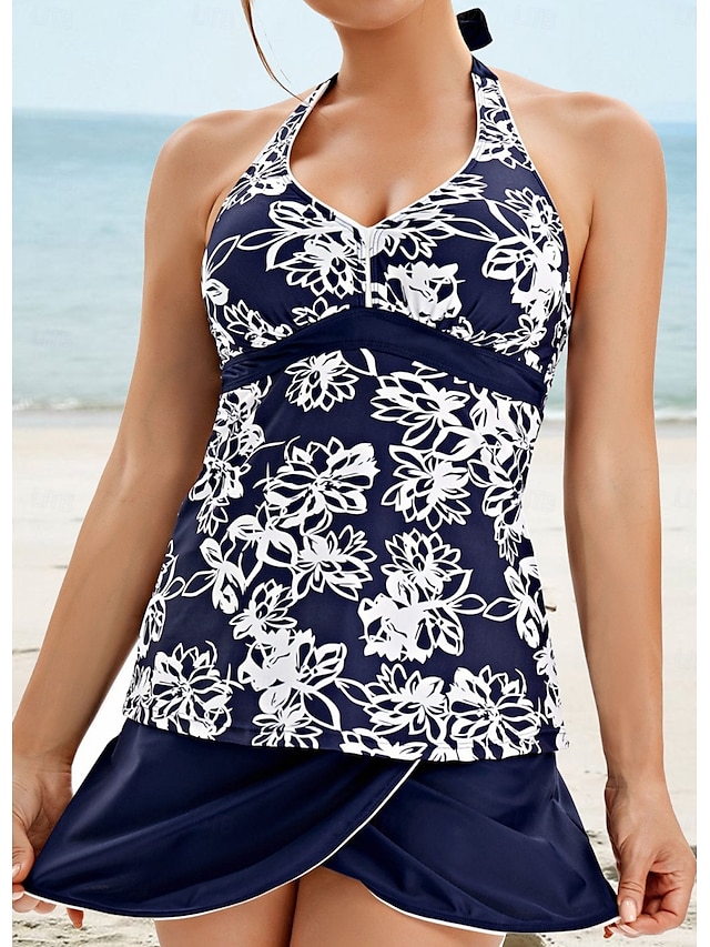  Dam Badkläder Tankini 2 st Kjol Baddräkt Öppen rygg Hög midja Semester Standkläder Blommig V-hals Ärmlös Baddräkter