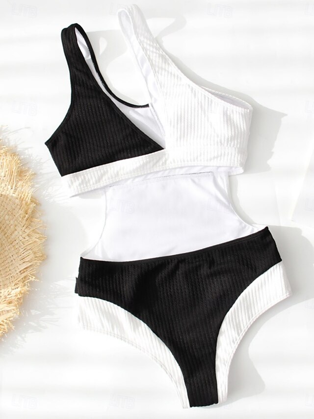  Mulheres Roupa de Banho Uma pedaço Monoquíni roupa de banho Frente Única Compressão abdominal Cintura Alta Delgado Férias Roupa de Praia Côr Sólida Pescoço Assimétrico Sem Manga Fatos de banho