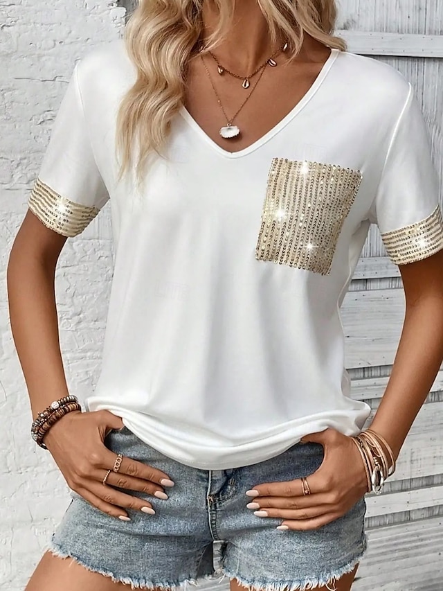  Damen Bluse Feste Farbe Basic Brautkleider schlicht Kurzarm V Ausschnitt Normale Oberteile Täglich Pailletten Patchwork Tasche Schwarz Weiß Sommer Frühling