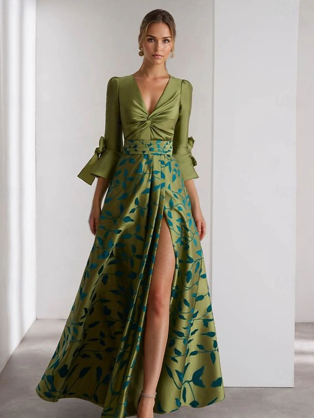 A-Line Evening Gown Formal Wedding Floor Length 3/4 Length Sleeve V NeckMother Of the Bride Dress Satin with Floral Print Bow(s) Slit Race Day Dress Wedding Guest Dress4