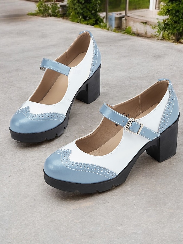  női kék-fehér mary jane vaskos sarkú cipő brogue részletekkel, vintage stílusú kényelmes pumpák irodába, bulikba és mindennapi viseletre