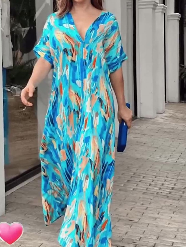  Femmes Robe Midi Robe Décontractée Élégant Occasionnel Vacances Soirée Travail Coupe Ample Graphique Manche Courte Col en V Bleu Roi Été Printemps Automne