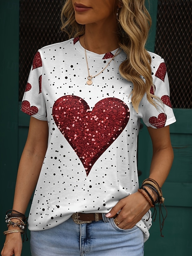  Valentine Women's Heart T Shirt Casual Regular Tops Short Sleeve Round Neck Print Regular Fit Valentine's Day Daily White Summer