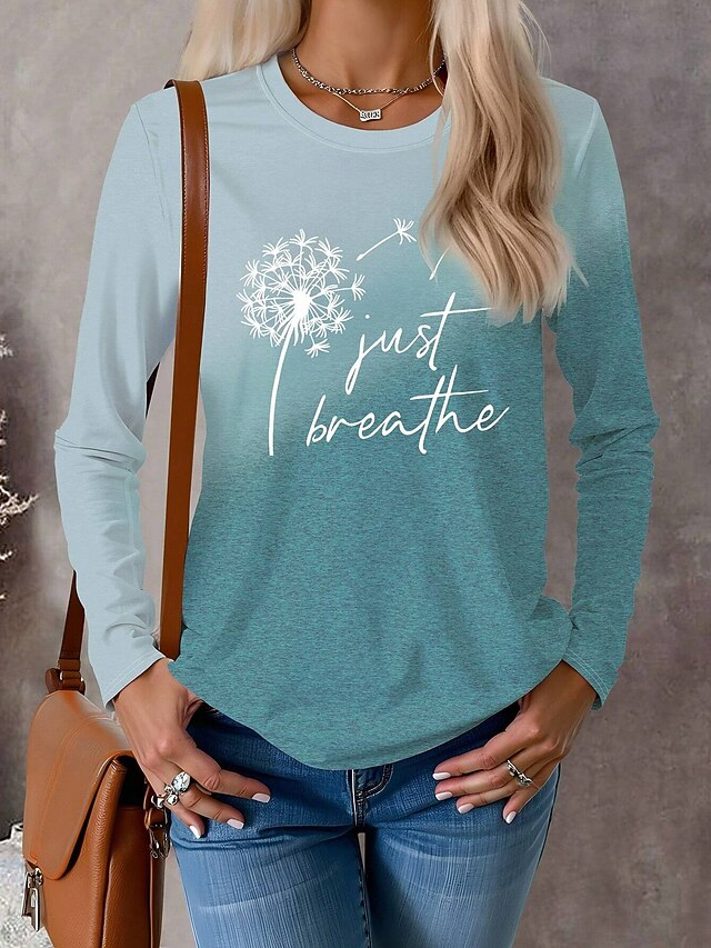 Women's T shirt Crew Neck Long Sleeve Tunic Letter Dandelion Modern Casual  Regular Tops Daily Weekend Print Blue Fall Winter4