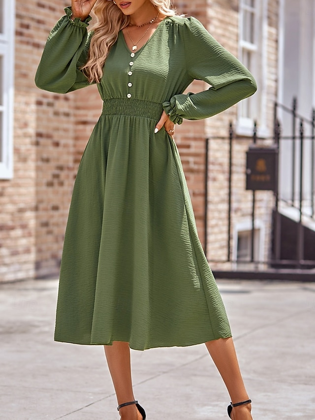  Damen Midikleid Casual kleid A Linie Kleid Stilvoll Basic Brautkleider schlicht Urlaub Täglich Regular Fit Glatt Langarm V Ausschnitt Schwarz Armeegrün Sommer Frühling
