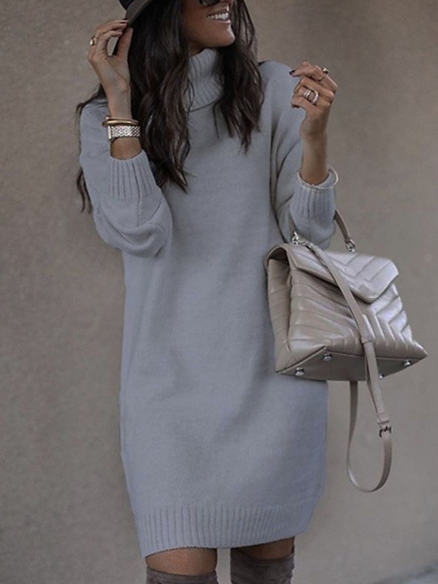  Dame Sweater Kjole Afslappet Blødt Ren farve Rillet Rullekrave Strikket Langærmet Lange toppe Strikke udendørs Daglig Weekend Gul Lyserød Efterår Vinter