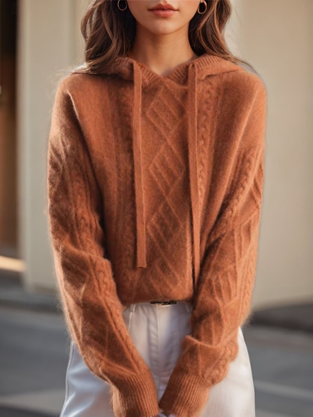  Women's Sweater Casual Soft Pure Color Cable Hooded Knitted Long Sleeve Regular Tops Knit Outdoor Daily Weekend Camel Brown Fall Winter