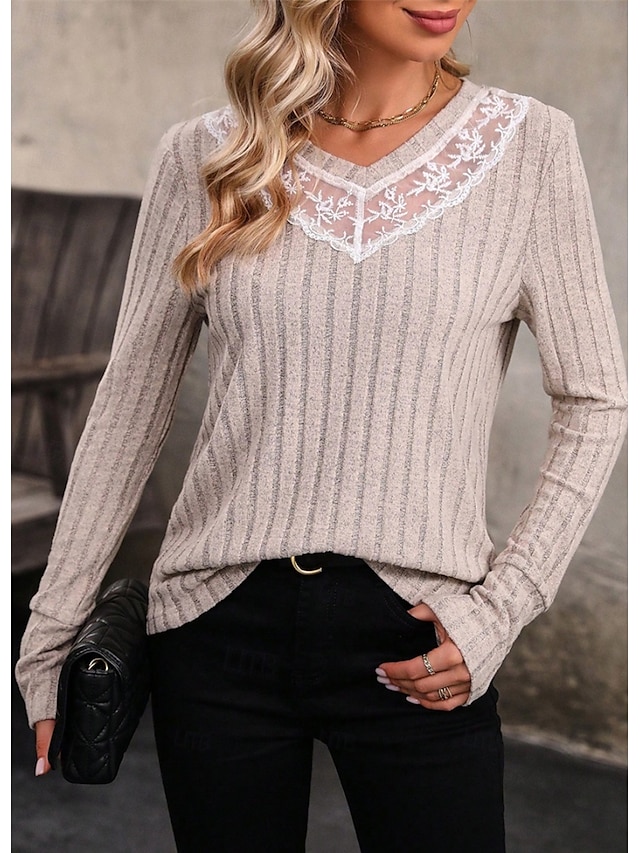  Damen Elegante Spitzenoberteile Eyelet Bluse Lässige Einfarbige Reguläre Oberteile Langarm V-Ausschnitt Spitzen-Patchwork Reguläre Passform Tägliche Romantische Petite Oberteile Sommer Urlaub