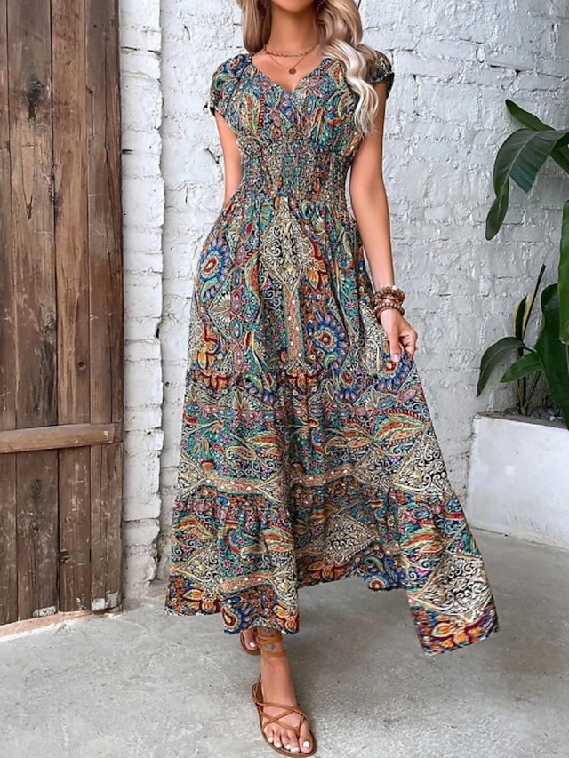  Damen Maxidress Casual kleid Schaukelkleid A Linie Kleid Boho-Kleid Böhmen Ethnisch Brautkleider schlicht Täglich Regular Fit Paisley-Muster Kurzarm V Ausschnitt Blau Sommer Frühling