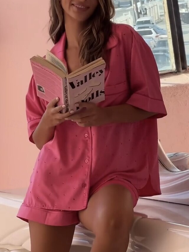 Dames Pyjamaset Casual Comfortabel Hart Grafisch Dichtknopen Zak Elastische taille Overhemd Korte broek Huis Valentijnsdag Dagelijks Korte mouw Overhemdkraag Wit Blozend Roze Fuchsia Zomer Lente