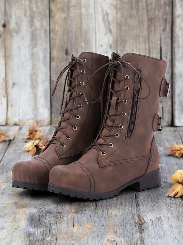  Versatile Brown Leather Lace-Up Boots with Military Flair for Women - Perfect for Fall and Winter Everyday Wear