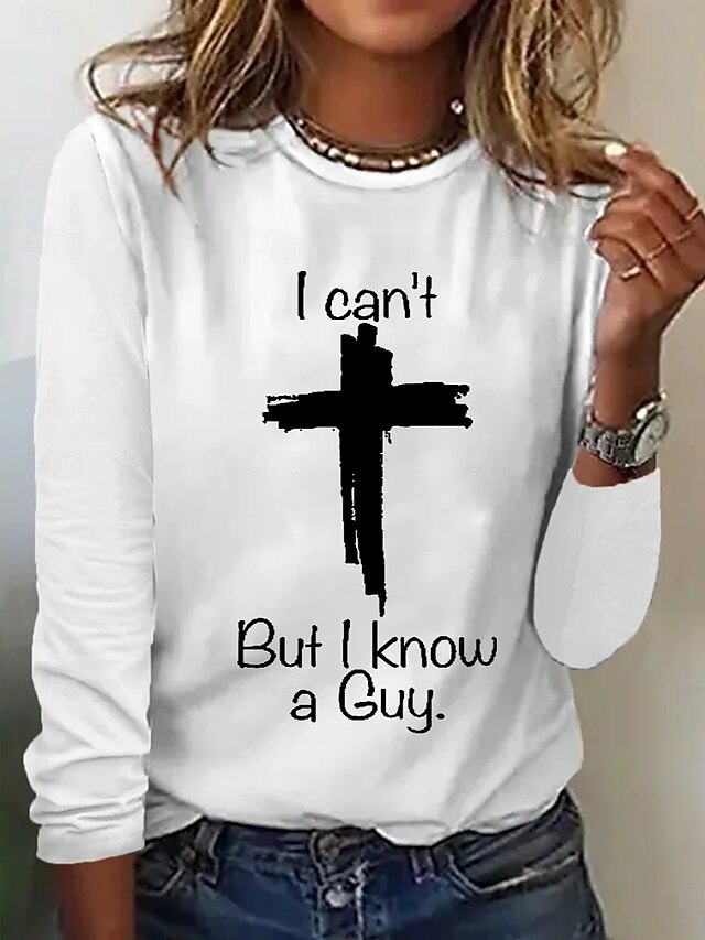 Women's T shirt Long Sleeve Letter Cross Casual Long Sleeve Round Neck Regular Tops Daily Weekend Print White Fall Winter Prefall4