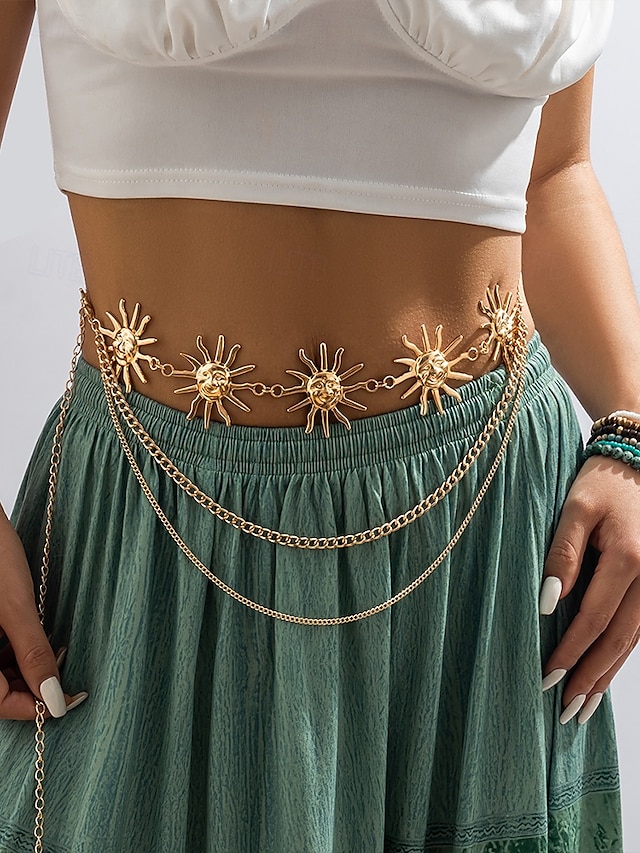  حزام الجسم النسائي المصنوع من سلسلة الشمس الذهبية البوهيمية مع سلاسل متعددة | مثالي للمهرجانات وملابس الشاطئ