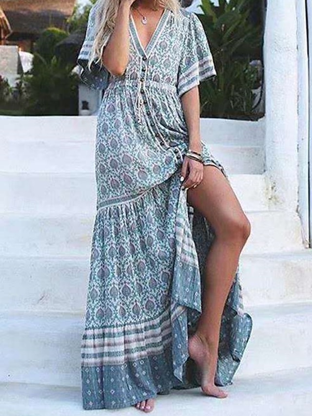 Damen kleid lang Casual kleid A Linie Kleid Boho-Kleid Stilvoll Brautkleider schlicht Urlaub Täglich Regular Fit Blumen Kurzarm V Ausschnitt Blau Frühling Herbst