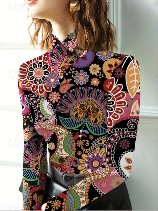 Women's Tunic T Shirt Elegant Bohemia Vintage Long Sleeve Regular Tops Turtleneck Vacation Going out Red Fall Winter Prefall 13